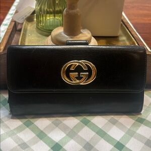 Gucci Pre Loved Britt Long Wallet Black Leather Gold Double G